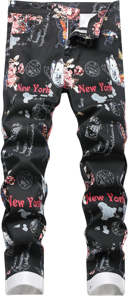Baylvn Men's Casual Printed Slim Fit Jeans Skinny Denim Pants