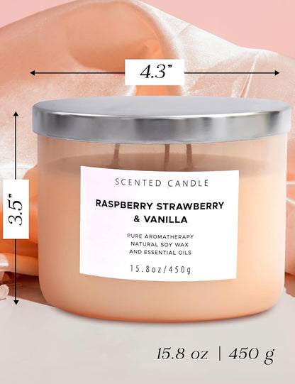 Raspberry Strawberry Vanilla 3 Wick Scented Candle | Large Soy Candles for Home 15.8 oz | Long Lasting Aromatherapy Candle Gift | Refreshing Berry Scented Candles | Relaxing Candle for Women & Men