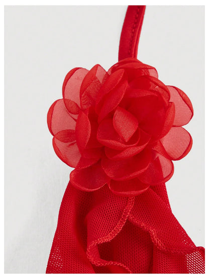 WDIRARA Women's 3D Flower Tie Front Ruffle Trim Halter Top Tie Backless Camisole