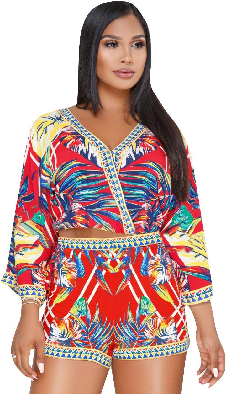 Sexy Two Piece Shorts Set - African Floral Jumpsuits Rompers Vacation Club Outfit