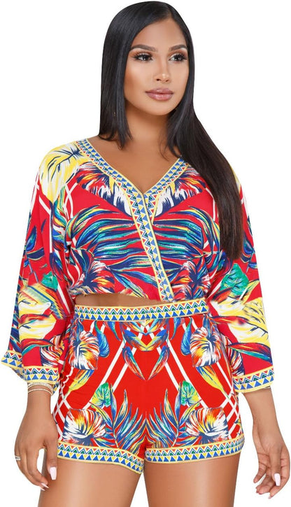 Sexy Two Piece Shorts Set - African Floral Jumpsuits Rompers Vacation Club Outfit