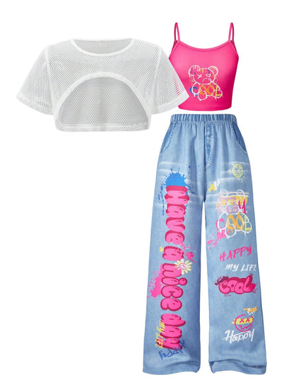 SOLY HUX Girl's Graphic 3 Piece Outfits Sheer Crop Tee and Cami Top with Jeans Pants Set
