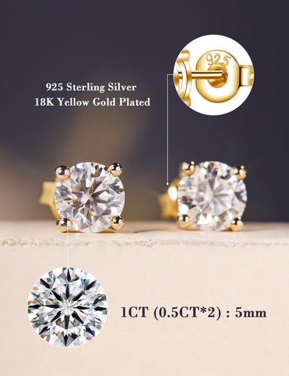 IMOLOVE Moissanite Stud Earrings for Women in Sterling Silver Hypoallergenic 1-3CT D Color Round Cut Moissante Earrings