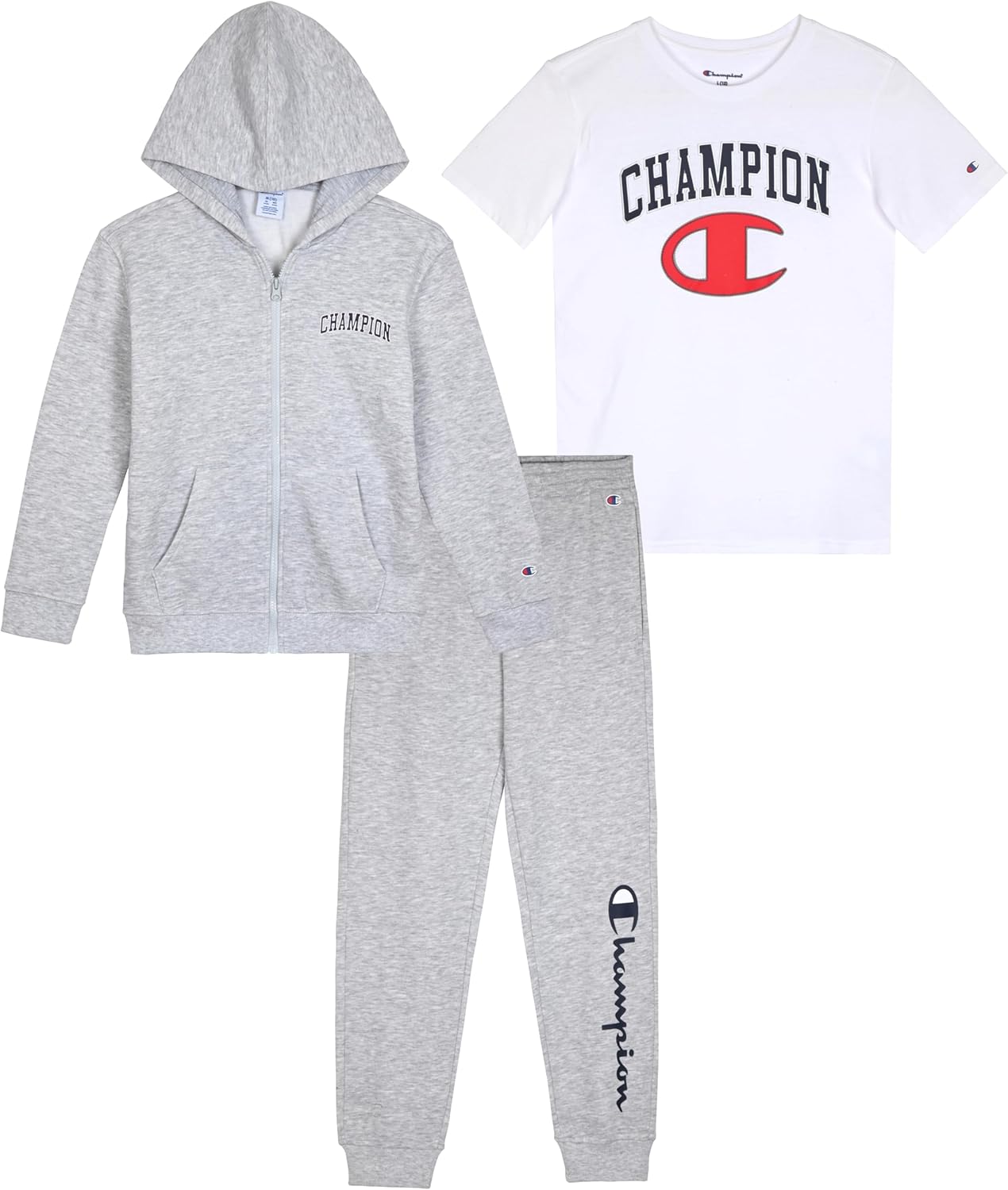 Champion Boys Sweatsuit Set for Kids 3 Piece Boys Hoodie Jogger and Tee Shirt Tracksuit Outfit
