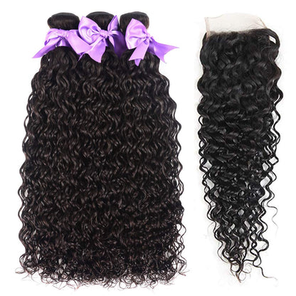 Water Wave Bundles With Closure Human Hair - 18 20 22+16, Wet and Wavy, 3 Bundles, 100% Unprocessed, Deep Curly, Natural Black Color