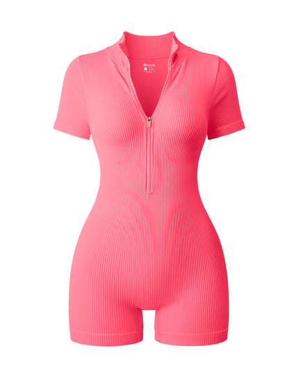OQQ Women Rompers Ribbed Short Sleeve Zip Front Stretch Tummy Control Yoga Workout Rompers