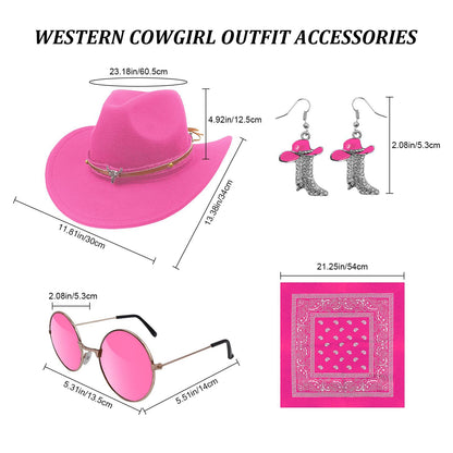 HyperFun Cowgirl Outfits for Women Western Costume Accessories Cowboy Hat Tassels Fringe Vest Earring Hippie Glasses Bandana