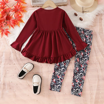 Toddler Kid Girl Clothes Ruffle Sleeve High Low Top Floral Allover Pants Fall Winter Outfit Set