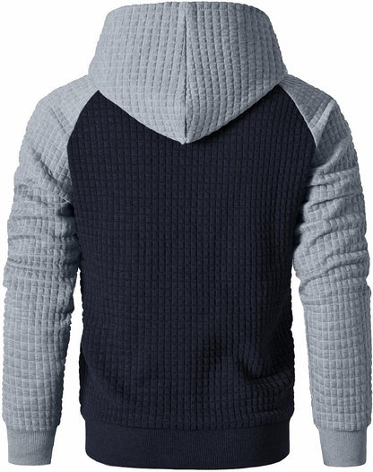 Men’s Sweatshirts Long Sleeve Pullover Patchwork Plaid Jacquard Hoodie Casual Drawstring Hoody Top