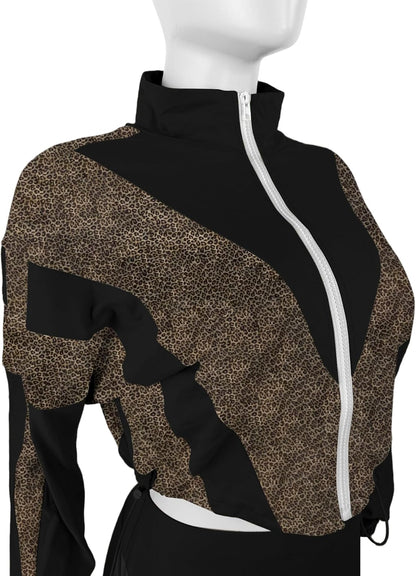 Women 2 Piece Outfit Long Sleeve Zip Up Crop Jacket High Waist Stretchy Pants