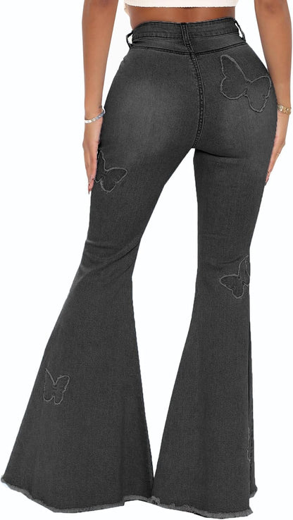 Women's Bell Bottom Jeans Classic Destoryed Ripped Flare Jeans Elastic Waist Raw Hem Denim Pants