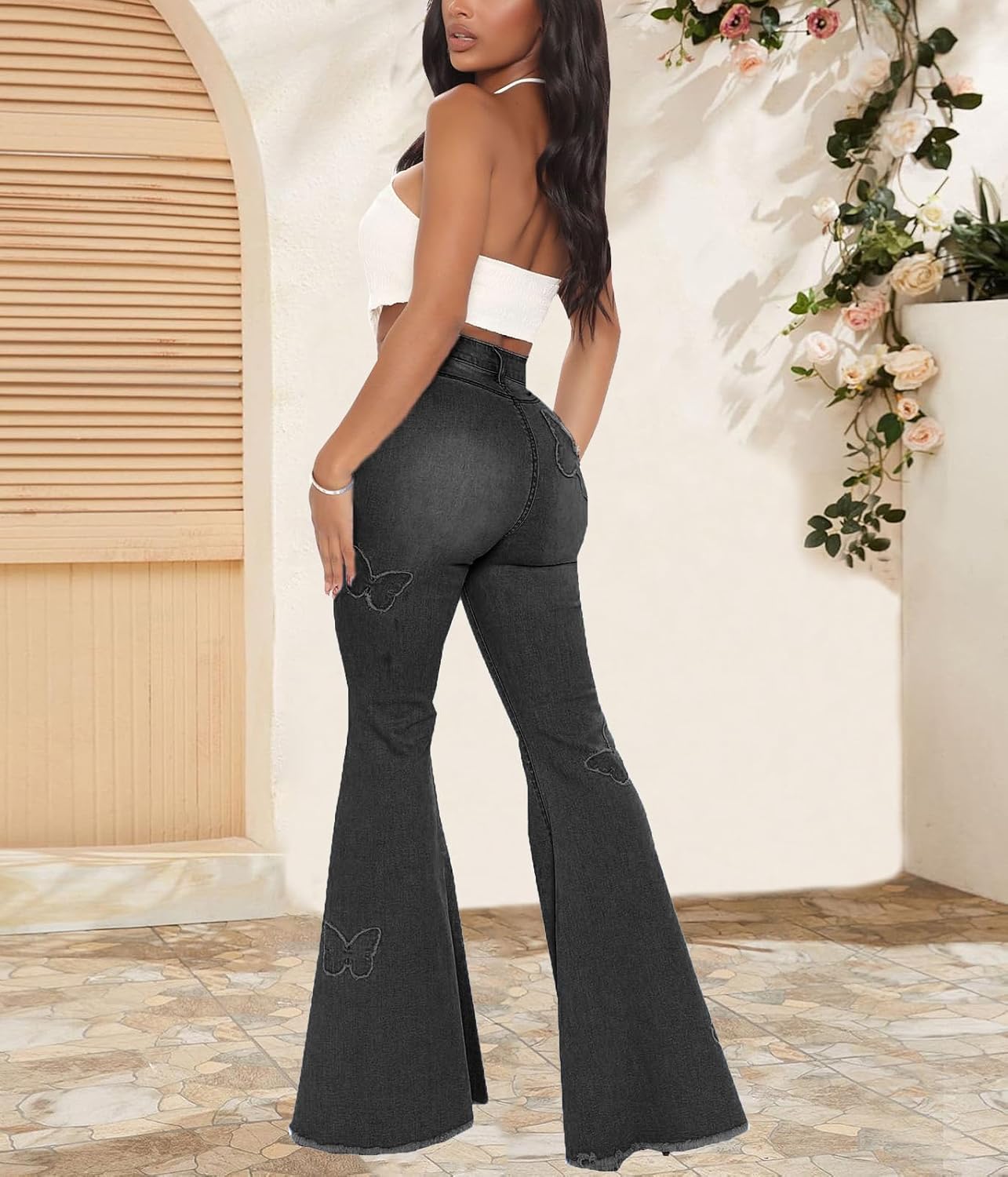 Women's Bell Bottom Jeans Classic Destoryed Ripped Flare Jeans Elastic Waist Raw Hem Denim Pants