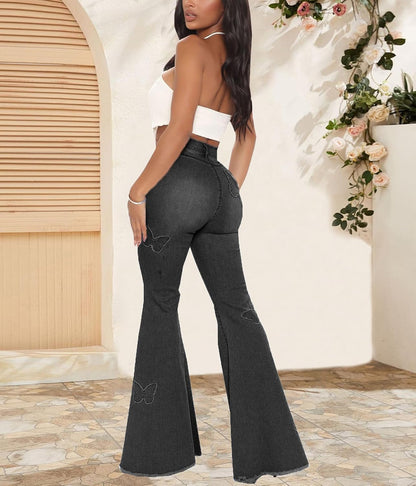 Women's Bell Bottom Jeans Classic Destoryed Ripped Flare Jeans Elastic Waist Raw Hem Denim Pants