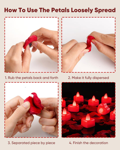 Amagic 1000 Pieces Artificial Rose Petals with 12 Heart LED Tea Lights Candles Kit, Rose Petals and Candles Set for Proposal, Anniversary, Valentine's Day, Special Romantic Night, Wedding Table Decor
