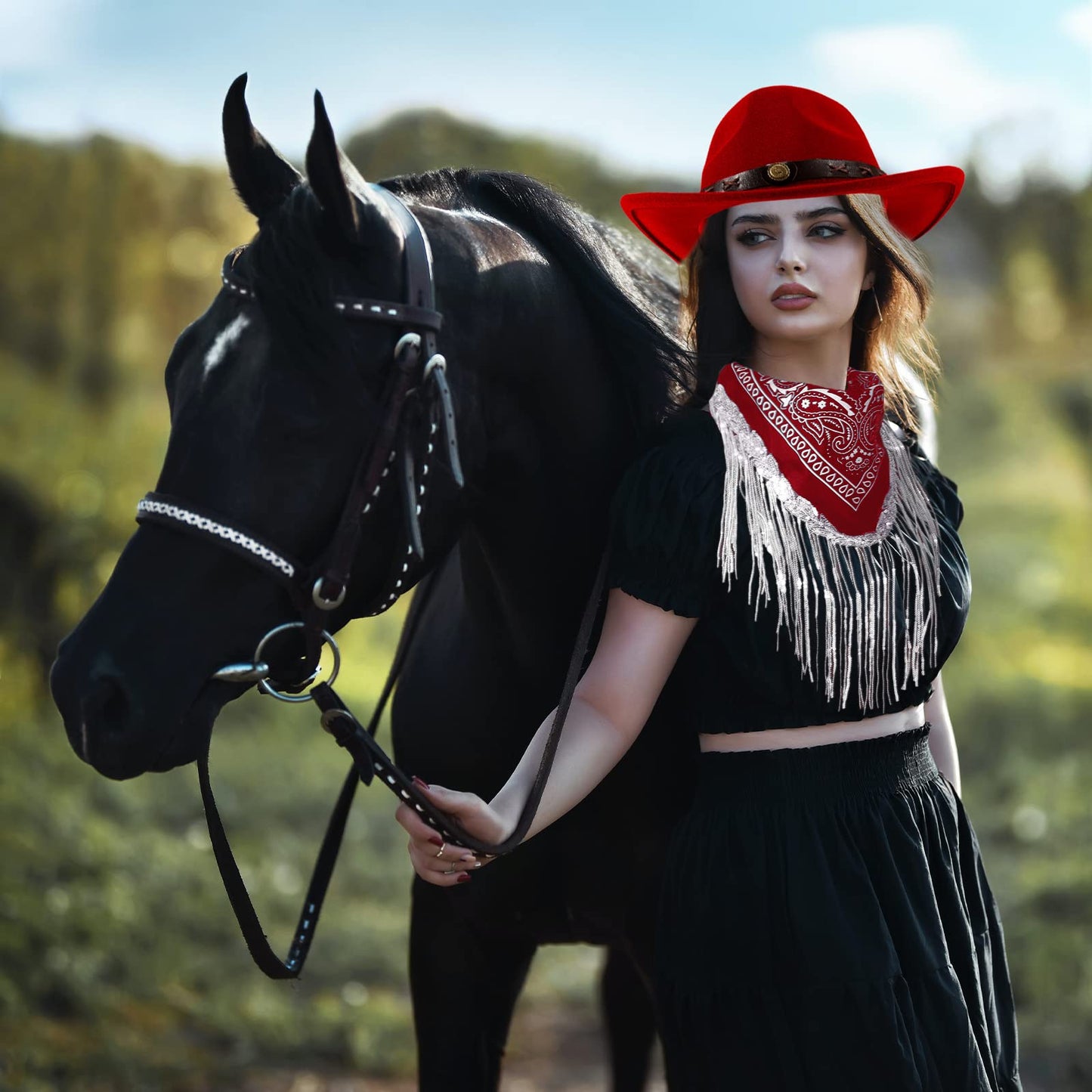 Ibeauti Cowboy Hat with Fringed Bandana Set for Women Wide Brim Western Cowgirl Hat Paisley Head Wrap Scarf