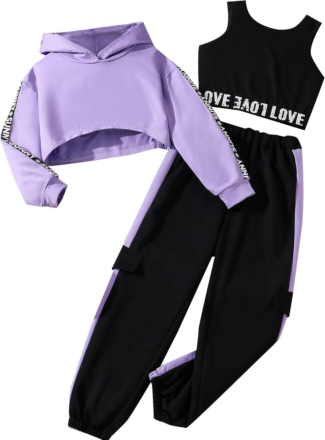 Hilinker Girls Graphic 3 Piece Outfits Workout Crop Hoodie Ribbed Tank and Sweatpants Set