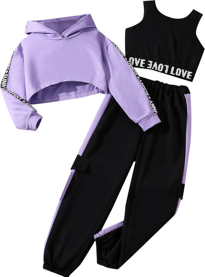 Hilinker Girls Graphic 3 Piece Outfits Workout Crop Hoodie Ribbed Tank and Sweatpants Set