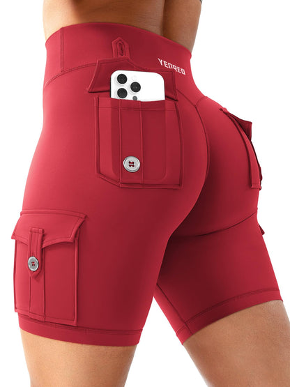 YEOREO CoreFlex Women Workout Biker Shorts with Cargo Pockets Hidden Scrunch High Waisted 8" Inseam Gym Shorts
