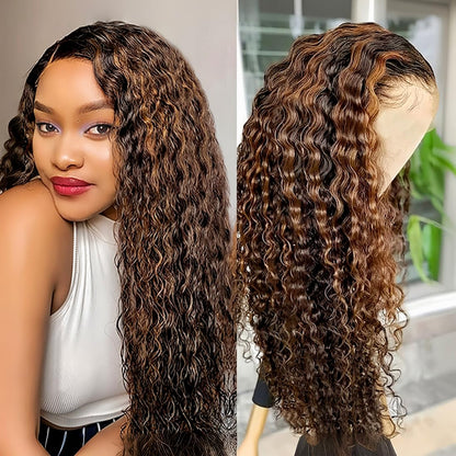1B/30 Deep Wave Lace Front Wigs Human Hair Pre Plucked Balayage Ombre Brown Curly Lace Front Wig Human Hair13x4 HD Lace Frontal Glueless Wigs for Women 180% Density 26 Inch