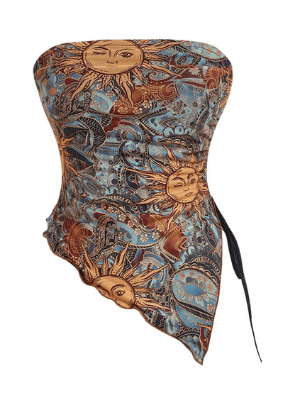 WDIRARA Women's Floral Mesh Strapless Side Ruched Tube Top Asymmetrical Hem Bandeau Crop Tops