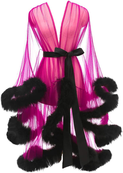 Tulle Feather Robe Sexy Sheer Mesh Fur Bridal Illusion Boudoir Bathrobe Nightgown Christmas Lingerie