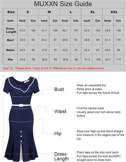 MUXXN Women's Retro 60s Sailor Collar Short Sleeve Pinup Cocktail Work Mermaid Dress with Belt