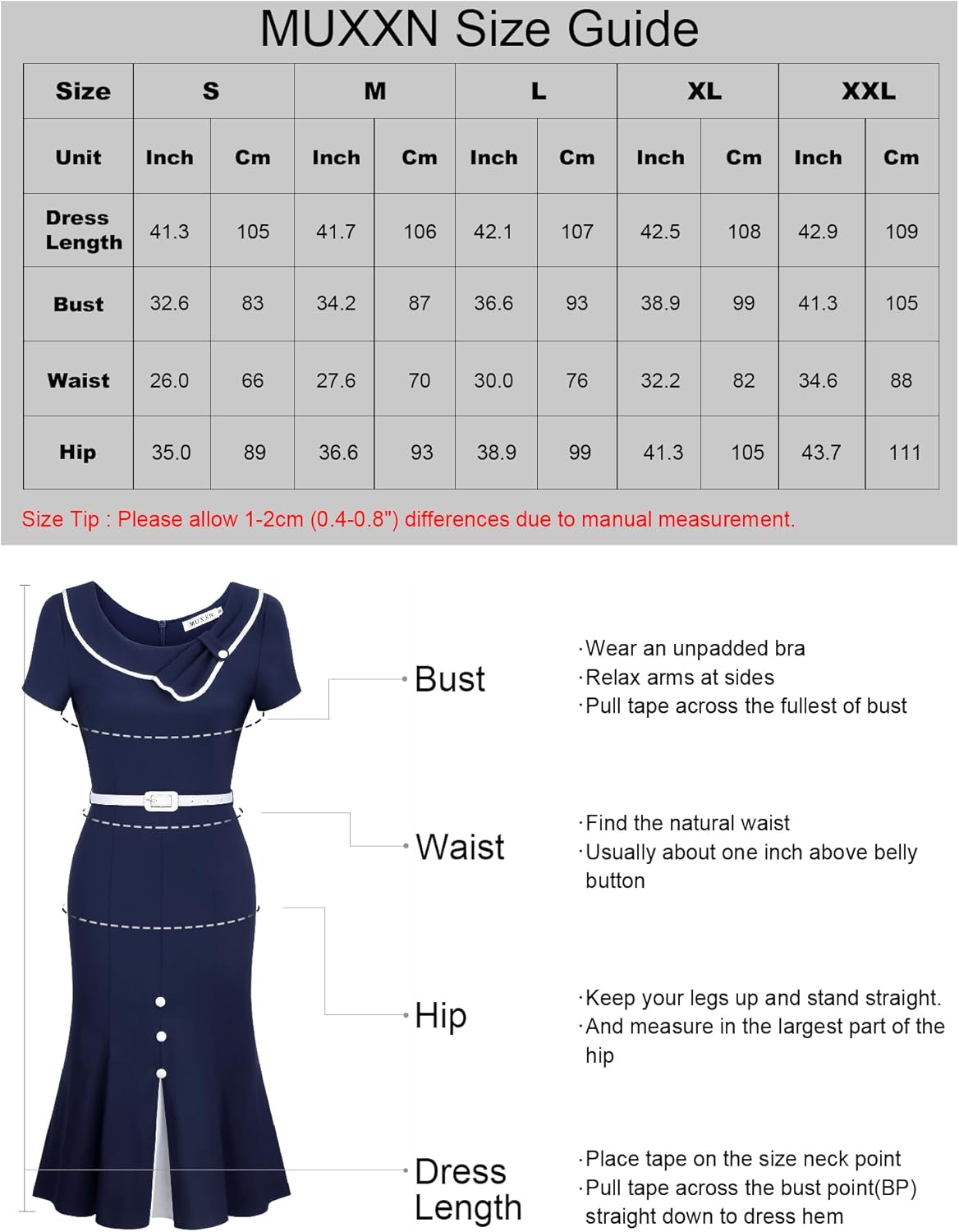 MUXXN Women's Retro 60s Sailor Collar Short Sleeve Pinup Cocktail Work Mermaid Dress with Belt