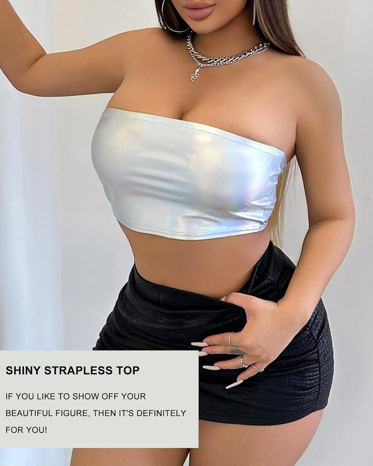Women's Metallic Shiny Tube Top - Strapless Party Crop Top for Rave, Festival & Night Out