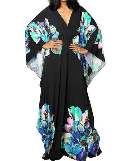Bsubseach Women Ethnic Print Kaftan Beach Dress Plus Size Swimsuit Cover Up