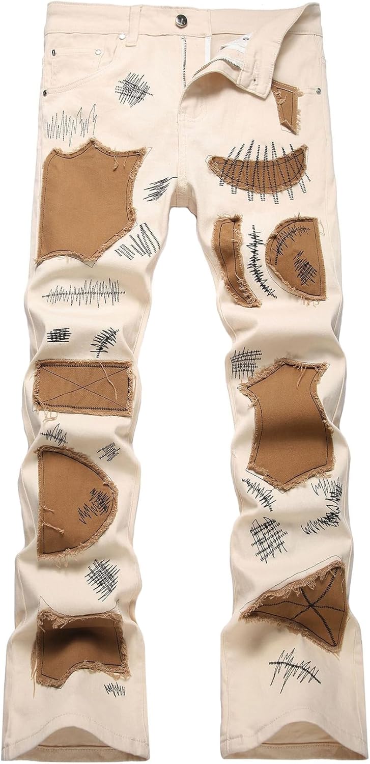 Baylvn Men's Designer Straight Slim Fit Patchwork Jeans Comfort Skinny Biker Denim Pants