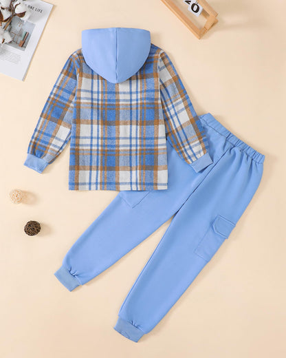 Boys Clothes Fall Winter Outfits, Toddler Boy Sweatsuit Plaid Hoodie Pants Clothing Set For Kids Boys Size 5-12 Years