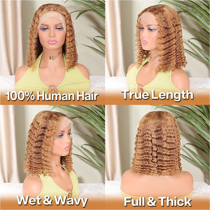 Curly Bob Wig Human Hair Deep Wave 13x4 HD Lace Front Wigs For Black Women Human Hair Pre Plucked Wear And Go Glueless Short Wet And Wavy Ombre Honey Blonde Highlight Color 4/27 14 Inch