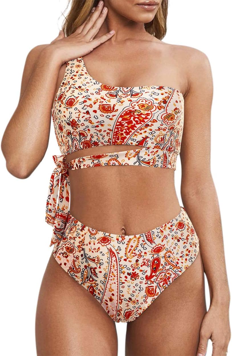 MOOSLOVER Women One Shoulder High Waisted Bikini Tie High Cut Two Piece Swimsuits