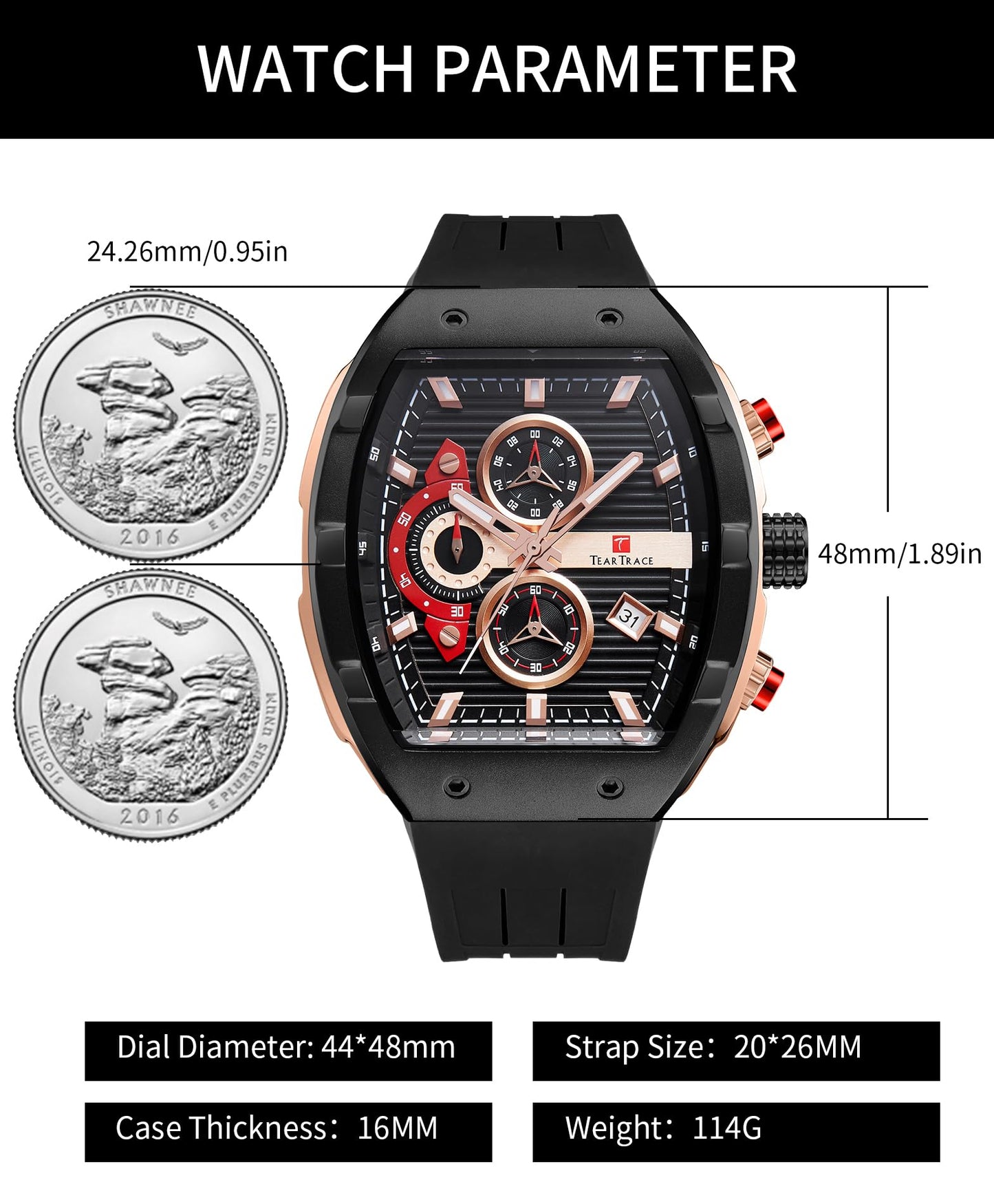Watches for Men Analog Quartz Waterproof Sport Men’s Watch Tonneau Chronograph Luminous Fashionable Unique Casual Watch with Silicone Strap