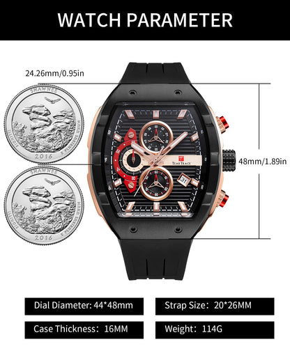 Watches for Men Analog Quartz Waterproof Sport Men’s Watch Tonneau Chronograph Luminous Fashionable Unique Casual Watch with Silicone Strap