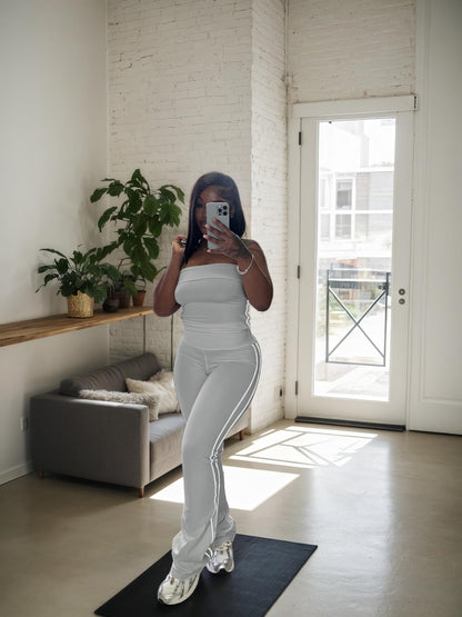 HBQ Women Two Piece Outfits Strapless Crop Top and Flare Pants Casual Stripe Lounge Sets Tracksuits