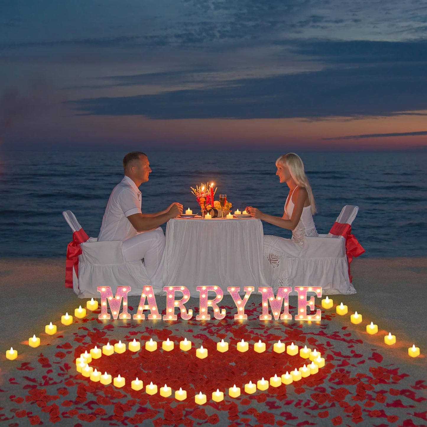 1027 Pcs I Love U Light Up Letters Proposal Decorations, I Love U Sign with 24 Pcs Heart Flameless Candles 1000 Pcs Rose Petals for Wedding Proposal Romantic Night Decor