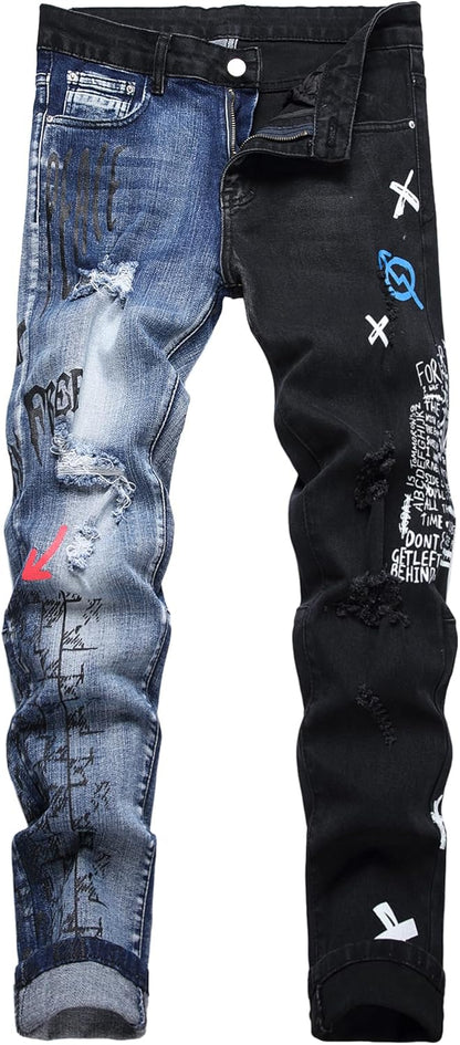 Baylvn Men's Designer Straight Slim Fit Patchwork Jeans Comfort Skinny Biker Denim Pants