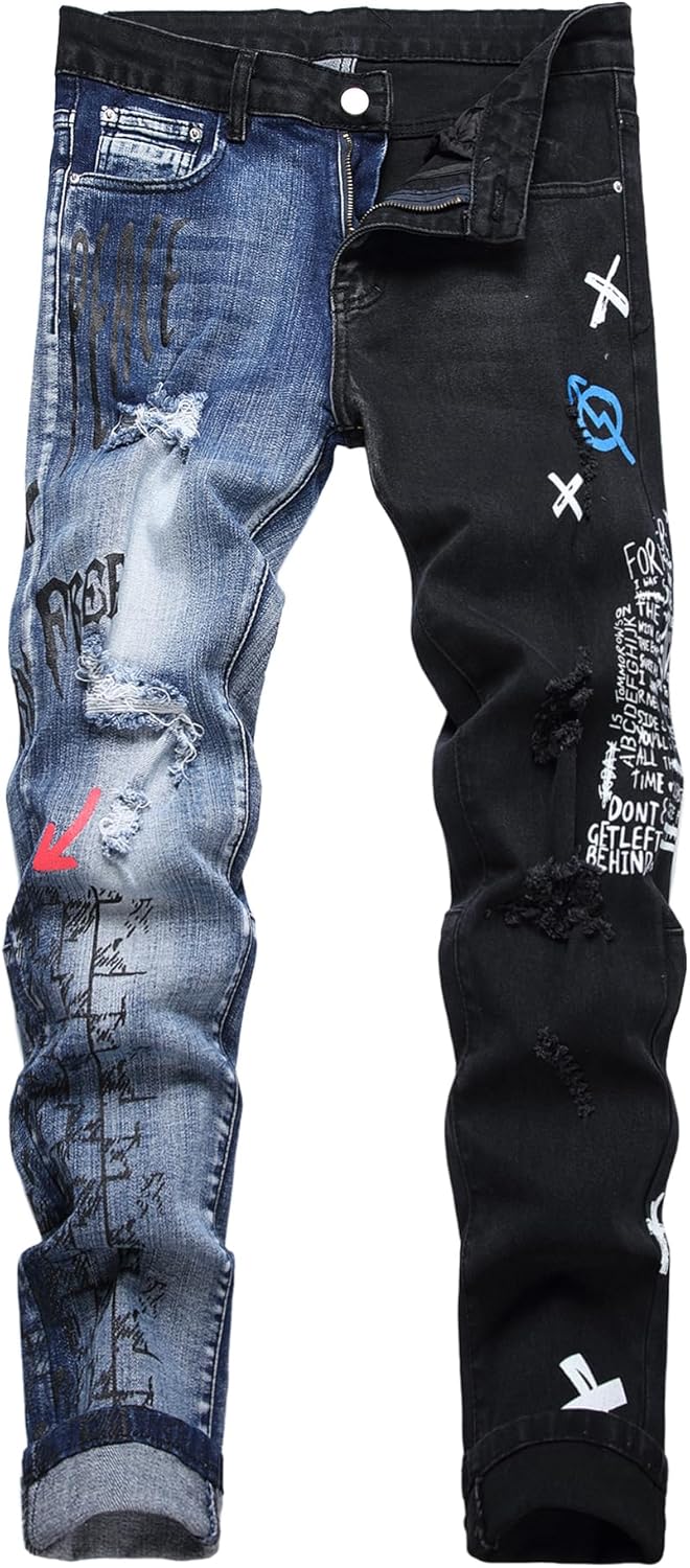 Baylvn Men's Designer Straight Slim Fit Patchwork Jeans Comfort Skinny Biker Denim Pants