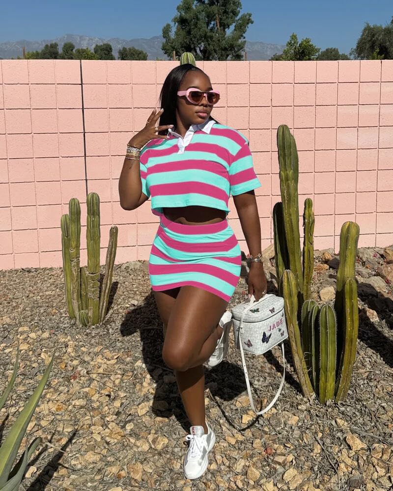 HBQ Women's Casual Two Piece Skirt Sets Polo Collar Crop Top Striped Mini Dress Summer Vacation-Stripe