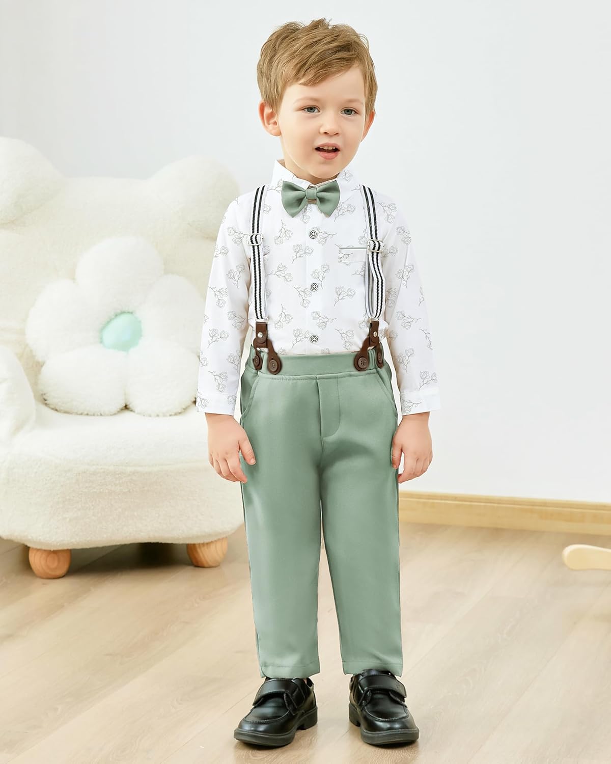 ZOEREA Toddler Boy Suit Formal Wedding Outfits Gentleman Clothes Long Sleeve Shirt + Suspender Pants + Bowtie