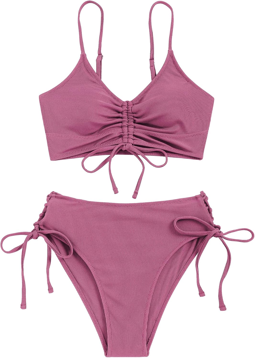 ZAFUL Women V Neck Bikini Set Ruched Tie Front High Waisted Floral Print Ribbed 2 Piece Bathing Suit Swimsuits