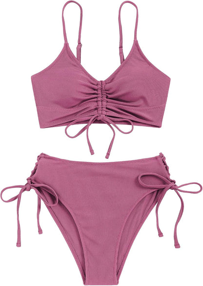 ZAFUL Women V Neck Bikini Set Ruched Tie Front High Waisted Floral Print Ribbed 2 Piece Bathing Suit Swimsuits