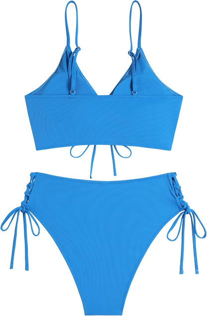 ZAFUL Women V Neck Bikini Set Ruched Tie Front High Waisted Floral Print Ribbed 2 Piece Bathing Suit Swimsuits