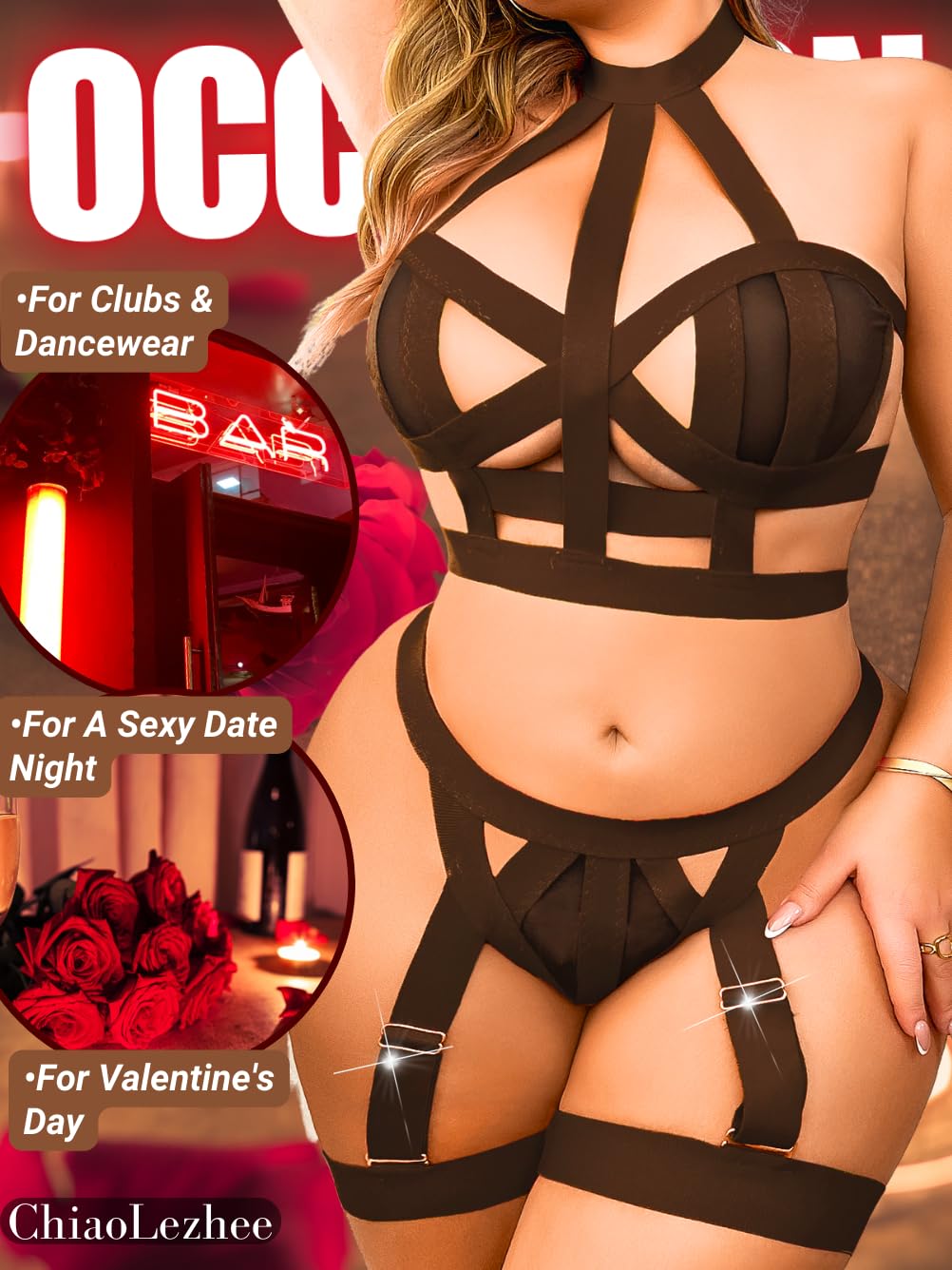 Curvy Lady's Strappy Lingerie For Women, Plus Size Exotic Garter Thong, BBW Halter Gifts For Him 3 Piece Set