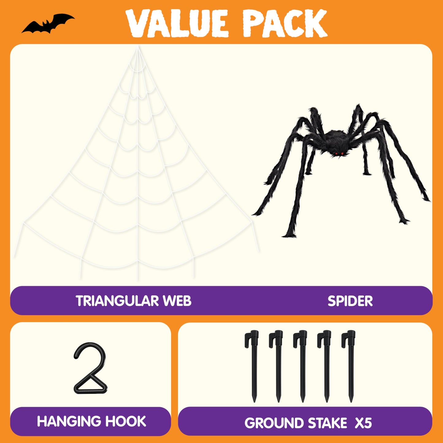 JOYIN Halloween Decoration Outdoor, 59‘’ Giant Spider with Spider Web Outside Decor, Triangular Spiderweb 16.4 x 15.7 ft and Stretchy Cobweb 100g for Yard Haunted House Indoor Decor Supplies