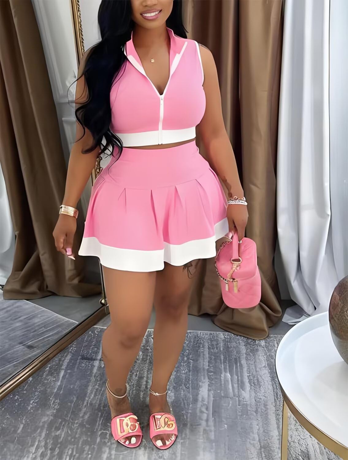 Tennis Outfit Skirt Sets Women 2 Piece Outfits Zipper V Neck Crop Tops and Pleated Skirt Set Summer Tracksuits