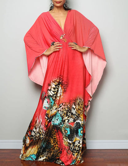 Bsubseach Women Ethnic Print Kaftan Beach Dress Plus Size Swimsuit Cover Up