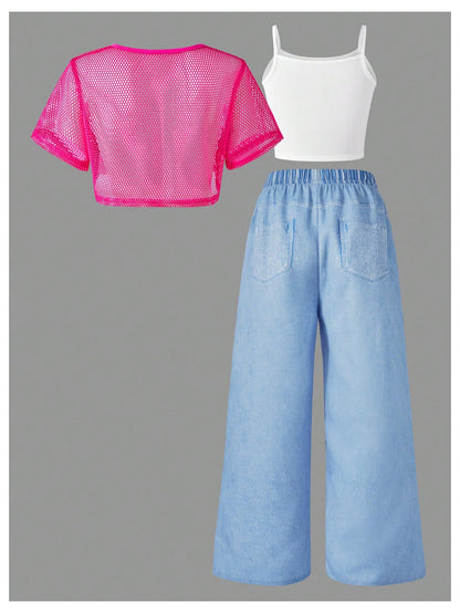 SOLY HUX Girl's Graphic 3 Piece Outfits Sheer Crop Tee and Cami Top with Jeans Pants Set