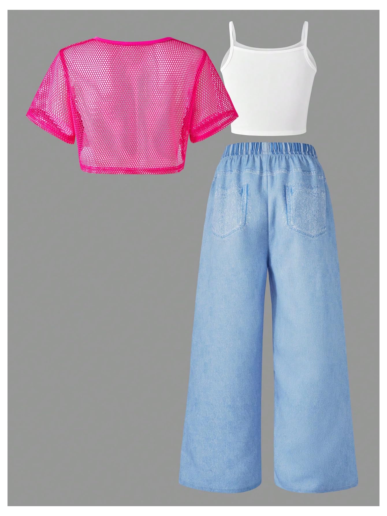 SOLY HUX Girl's Graphic 3 Piece Outfits Sheer Crop Tee and Cami Top with Jeans Pants Set